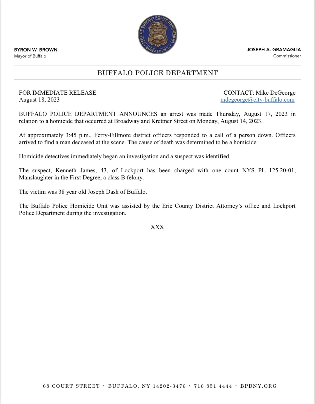 BPD release regarding Kenneth James arrest.