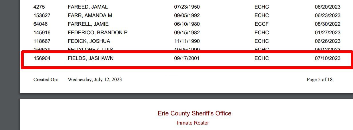 Screen capture of Erie County jail roster listing Jashawn.