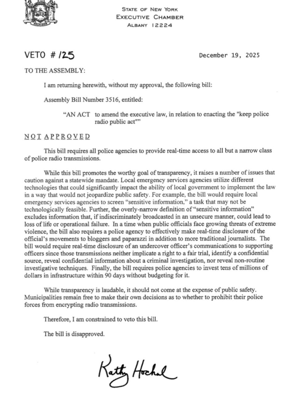 Image of veto reasoning from Kathy Hochul.