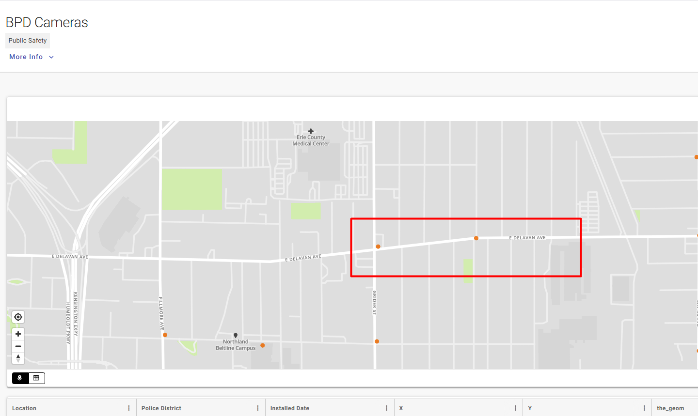 Screen capture of BPD camera map showing two cameras in the area of the street takeover