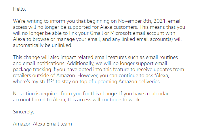 Image capture of email from Amazon announcing end of email support through Alexa.