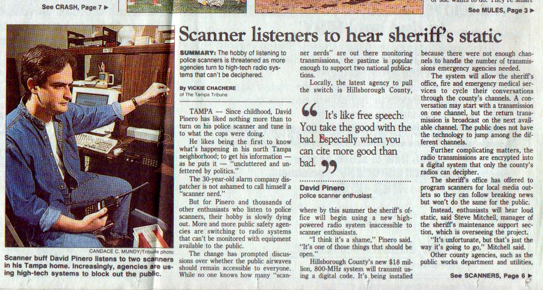 Image of raw newspaper article from the mid-90s featuring me and my plight to continue listening in on police calls.