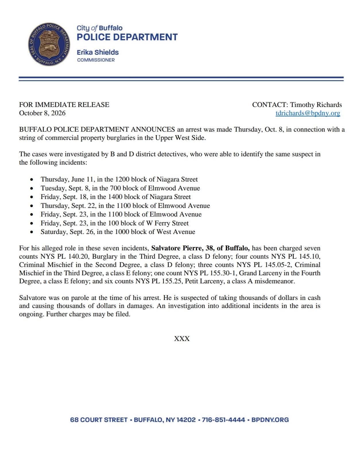 BPD Press Release on Neighborhood Burglary